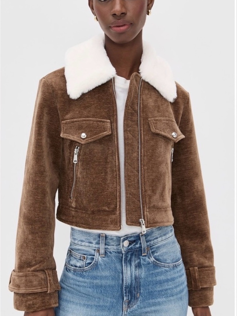 Avec Les Filles Brown Corduroy Jacket with White Faux Fur Collar